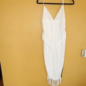 White  Lace Tassel Trim Plunge Midi Dress